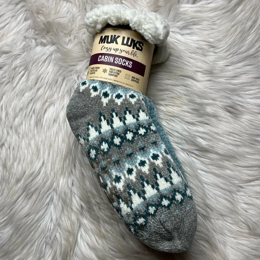 Muk Luks Cozy Chenille Cabin Socks Blue and Grey Size Small